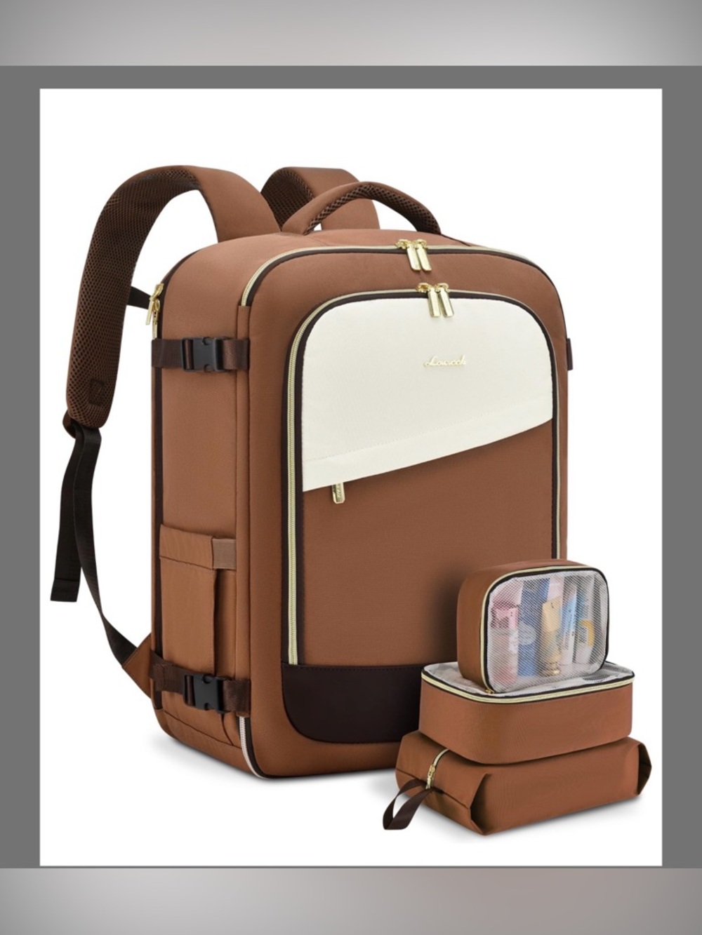 Brown and Cream Travel Backpack with Accessory Pouches
